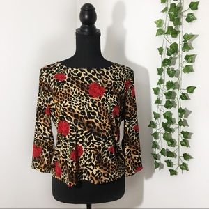Rose & Animal Print 3/4 Sleeve Blouse Size L